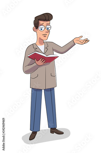 Vector character illustration of man reads book aloud