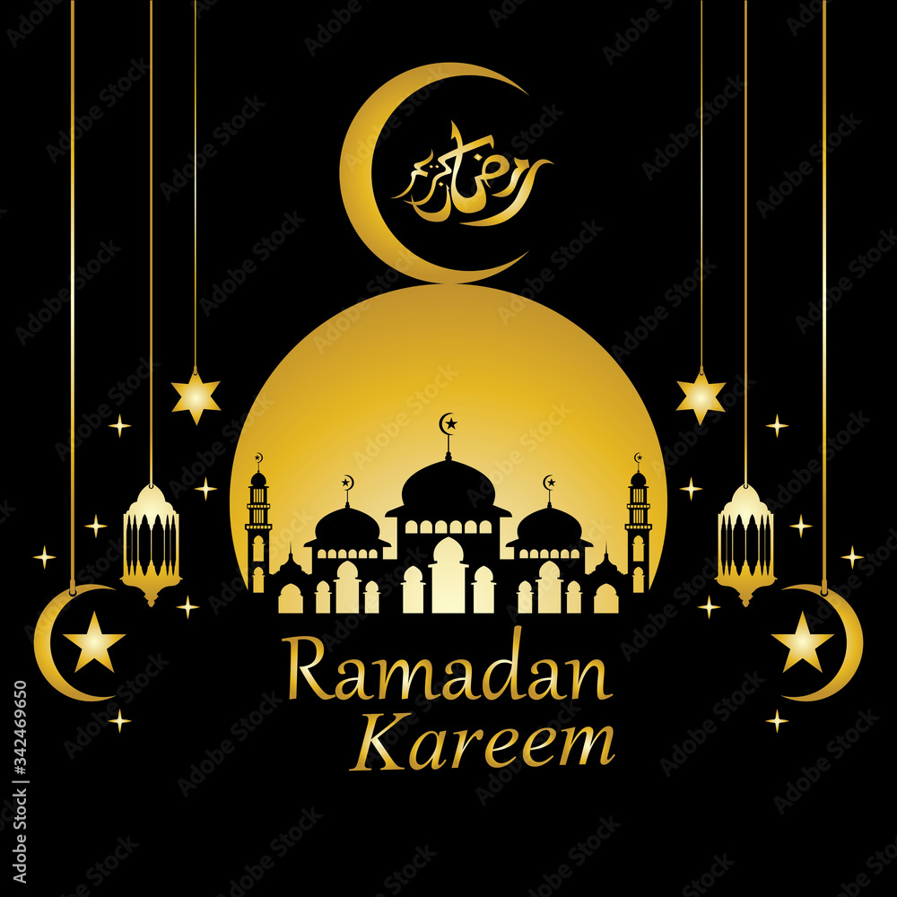 Vector - Golden silhouette of mosque and hanging lanterns on black background, Ramadan Kareem, greeting card