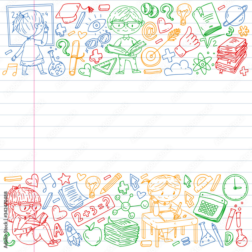 Online learning, education. Back to school. Vector icons and elements for little children, college. Doodle style, kids drawing