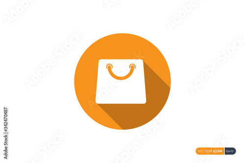 Shopping Bag Icon. White Paper Bag in Orange Circle Shape with Shadow isolated on White Background. Flat Vector Icon Design Template Elements.