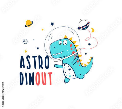 Astronaut dinosaur print design with slogan. Vector illustration design for fashion fabrics, textile graphics, prints.