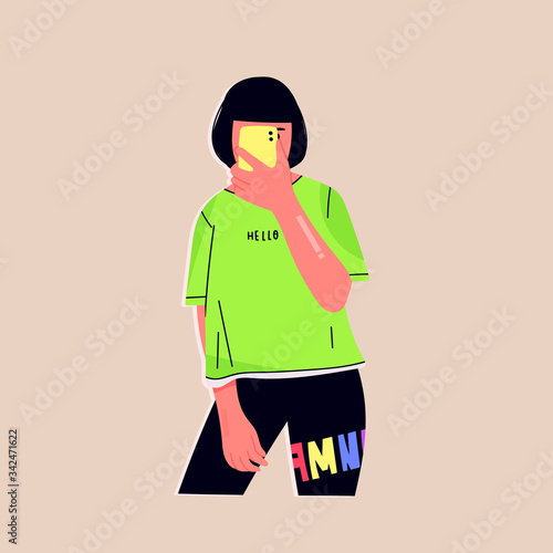 Cool stylish young Girl taking a selfie on smartphone. Mirror view. Isolated on beige background. Hand drawn colored trendy Vector illustration. Fashion, Social media concept