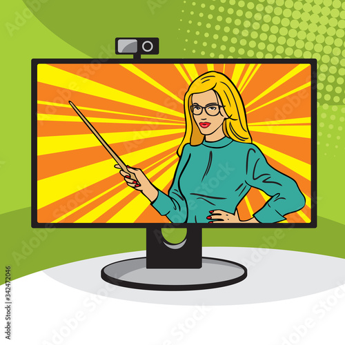 Distance education, trainings. Teacher with a pointer on the monitor screen. Online school.