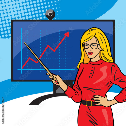 Distance education, trainings. A woman with a pointer shows a graph on the monitor. Online school.