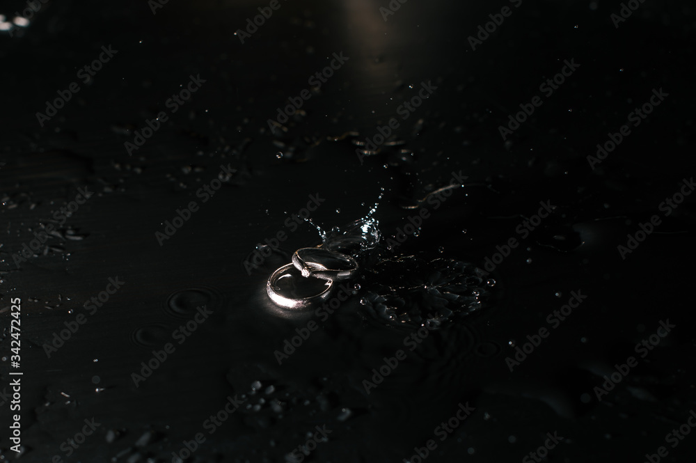 wedding rings in water in the dark