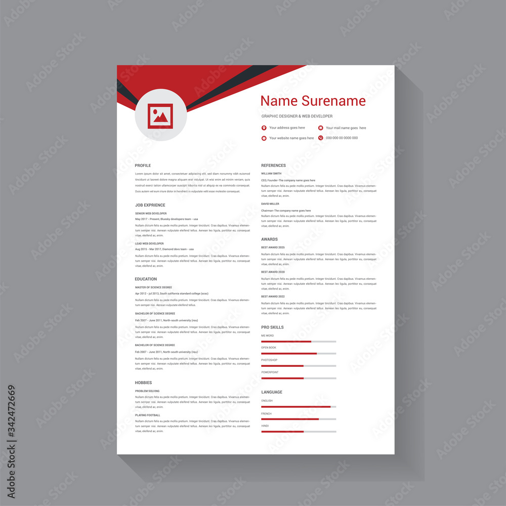 Elegant Professional Resume CV With Red & Black Color Vector Template 