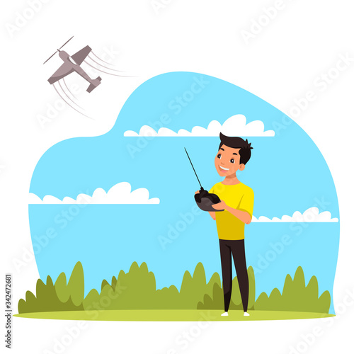 Vector illustration boy playing with radio control airplane