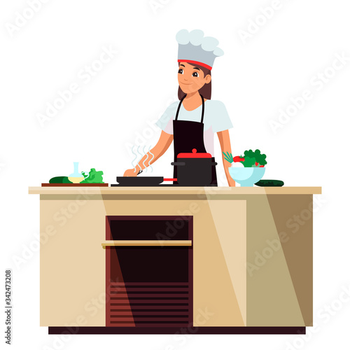 Smiling girl cook preparing food isolated on white