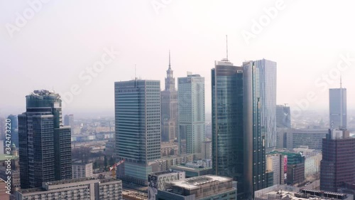 Drone 4k. View of city during Coronavirus. Warsaw in Poland. Skyscreapers, buildings, streets. photo