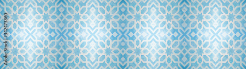 Blue white vintage retro geometric square mosaic motif cement tiles with flower blossom print texture background banner panorama