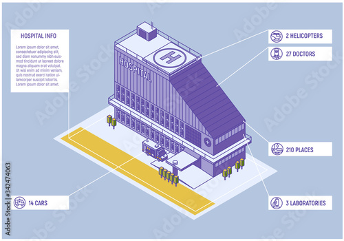 City hospital infographic. Modern architecture at isometric style. Clinic with ambulance car. Smart city concept.