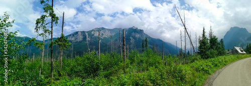 Panorama of Polish mountains in Dolina Rybiego Potoku. Tatra Mountains. Tatra National Park