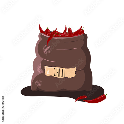 Isolated big brown burlap bag with potatoes and a name on the bag. Cartoon realistic stock vector illustration. Icon bag with vegetables and spice. Healthy lifestyle.