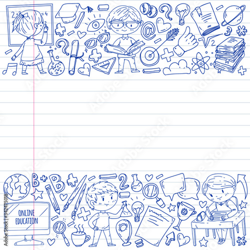 Online education concept. Vector icons and elements for little children, college, internet courses. Doodle style, kids drawing.
