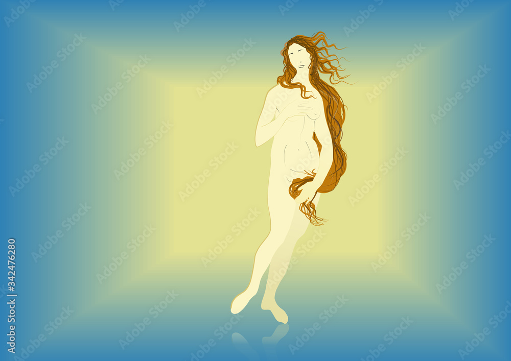 The Birth of Venus with blurry square, blue and yellow background