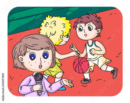 Kid girl sport commentator broadcasting match