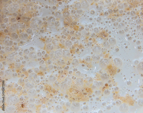 Yeast starter in the milk. Texture of active yeast. Kneading the dough, Stage 1. © OLGA RA