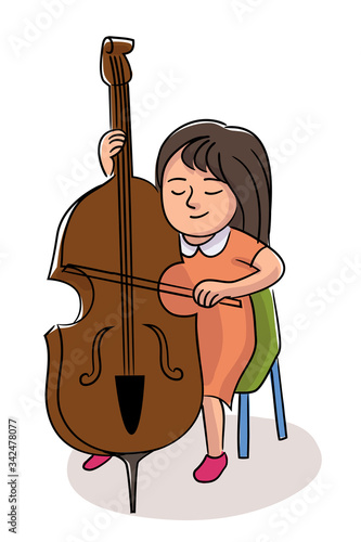 Girl double-bass player isolated on white backdrop