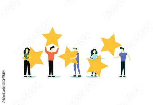 Happy people are holding review stars over their heads. Five stars rating. Customer review rating and client feedback concept. Modern vector illustration.