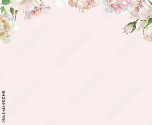 Watercolor background of falling pink roses