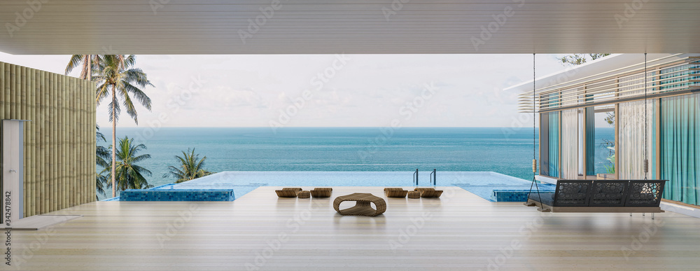 Fototapeta premium Sea view with a beautiful swimming pool, sunbeds and swings,3d render