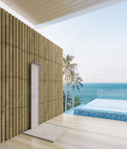 Sea view with a beautiful swimming pool  sunbeds and swings 3d render