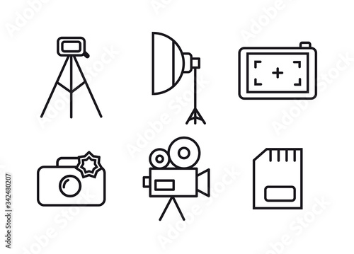 Photographer icon set. Photographer equipment icons. Tripod, softbox, focus, camera, camcorder, memory card