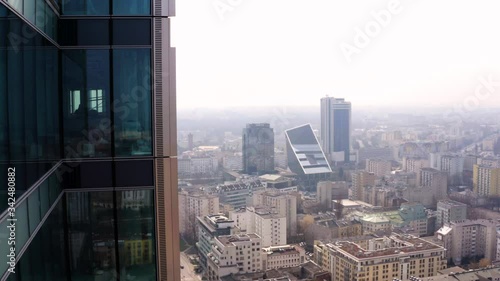 Drone 4k. View of city during Coronavirus. Warsaw in Poland. Skyscreapers, buildings, streets. photo
