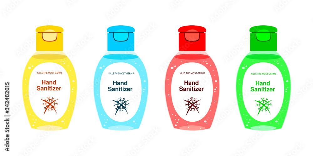 Set template bottle gel antiseptic hand. Personal hygiene product. Sanitizer dispenser disinfects protect from coronavirus bacteria. Color vector isolated flat realistic black outline white background Set template bottle gel antiseptic hand. Personal hygiene product. Sanitizer dispenser disinfects protect from coronavirus bacteria. Color vector isolated flat realistic black outline white background