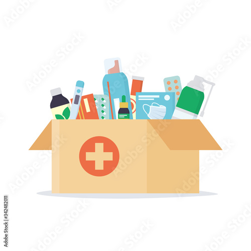 Open cardboard box with a set of drugs, pills and bottles inside. Home delivery pharmacy service. Illustration in flat style n white background