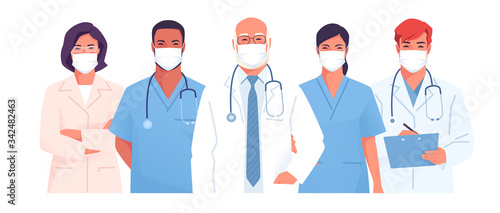 Vector illustration of a medical team, group of physicians, doctors wearing face masks
