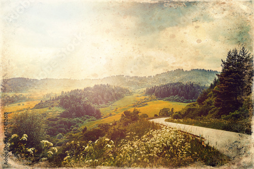 Beautiful road in mountain and mountains in background, old photo effect.