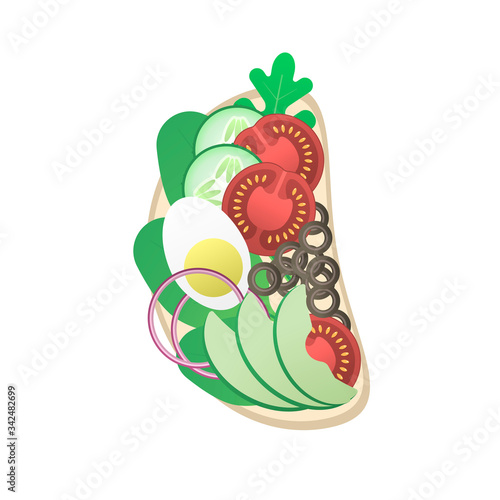 Vector illustration of an isolated toast with spinach, arugula, tomatoes, cucumbers, avocado, onion, egg and black olives.