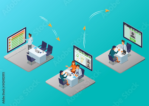 Isometric Vector Illustration Representing A Flow of Employee Recruitment Process by An HR Manager Using an Application Displayed on the Computer Screen