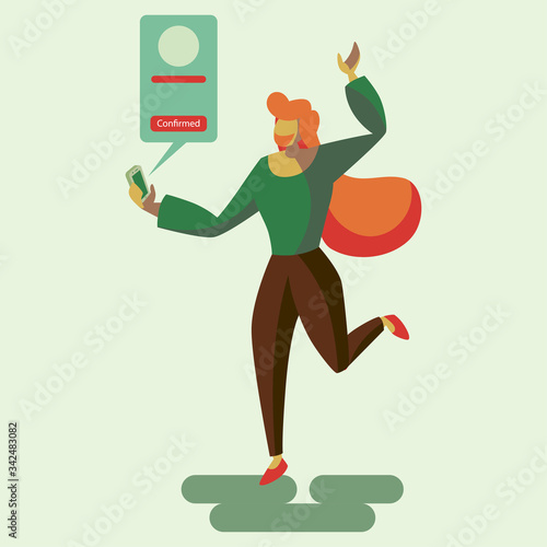 Flat Vector Illustration Representing A Happy Woman to Get a Confirmation Notification from Her Phone