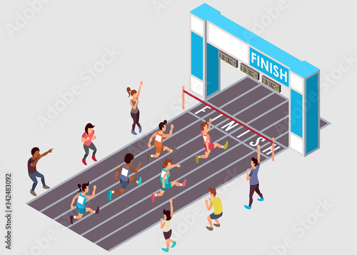 Isometric Vector Illustration Representing A Marathon Running Race with Several Across Gender Participants and a Number of Supporters Watching