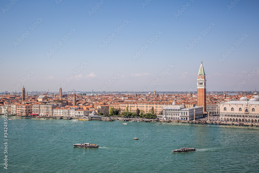 View of Venice and the Venetian lagoon from the bell tower of the Basilica of San Giorgio Maggiore. Venice, Veneto, Italy View of Venice and the Venetian lagoon from the bell tower of the Basilica of San Giorgio Maggiore. Venice, Veneto, Italy