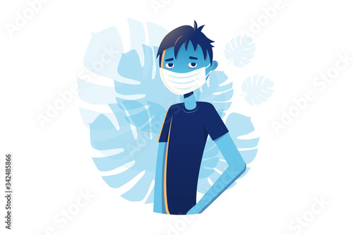 Young man in a medical mask on a background of monstera leaves. The concept of protection against the virus. Stylish illustration