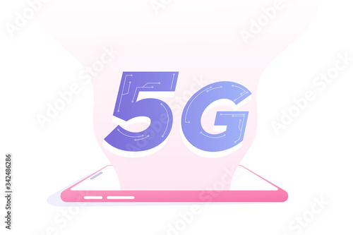 5G network wireless technology concept. A big 5G sign on smartphone device. High-speed mobile internet connection. New 5th generation of internet. Innovation. Isolated vector, web illustration