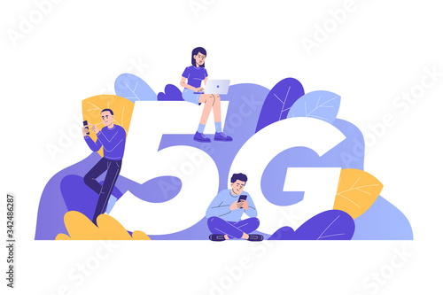 5G network wireless technology concept. People standing and sitting near big 5G sign and using smartphone gadgets. High-speed mobile internet connection. Innovation. Isolated vector, web illustration
