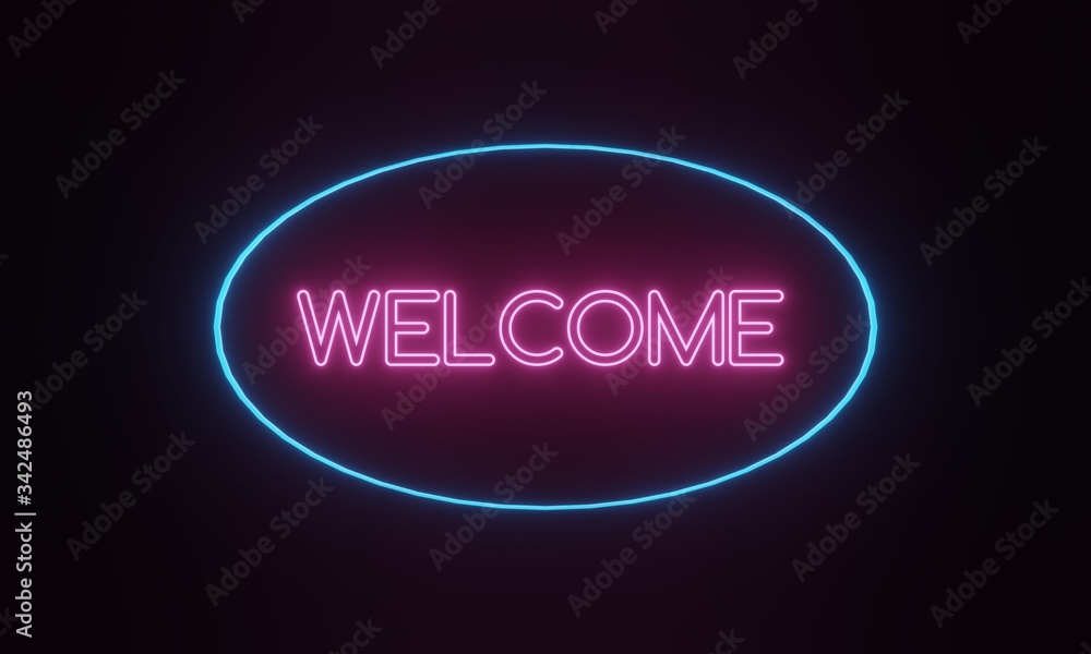 3D rendering of a bright pink and blue neon welcome sign isolated against a black background. Signage icon is glowing with a fluorescent light. Great for banners and advertising.