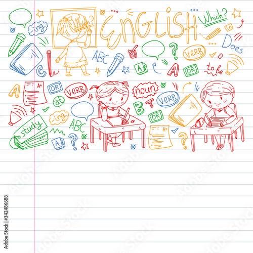 Online english school for children. Learn language. Education vector illustration. Kids drawing doodle style image.