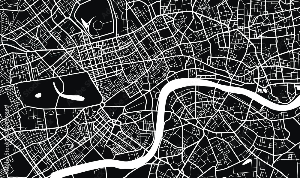 Monochrome vector map of the city of London United Kingdom.
Vector city center illustration.