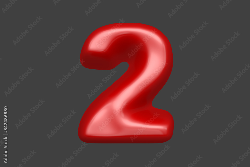 Red soft plastic font - number 2 isolated on grey background, 3D illustration of symbols Red soft plastic font - number 2 isolated on grey background, 3D illustration of symbols