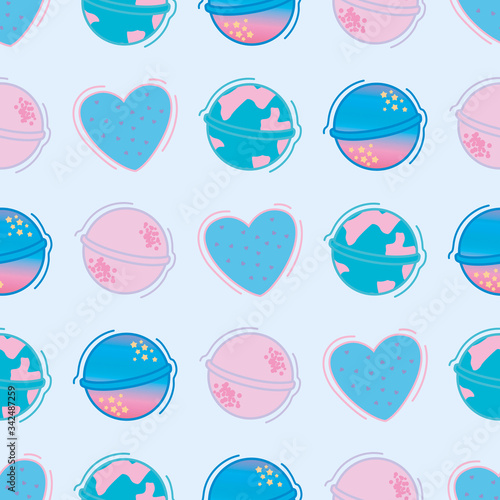 Bath bombs seamless pattern. Home spa relaxation cosmetics for taking a bath. Design for packaging, banners, poster, textile, wrapping paper.