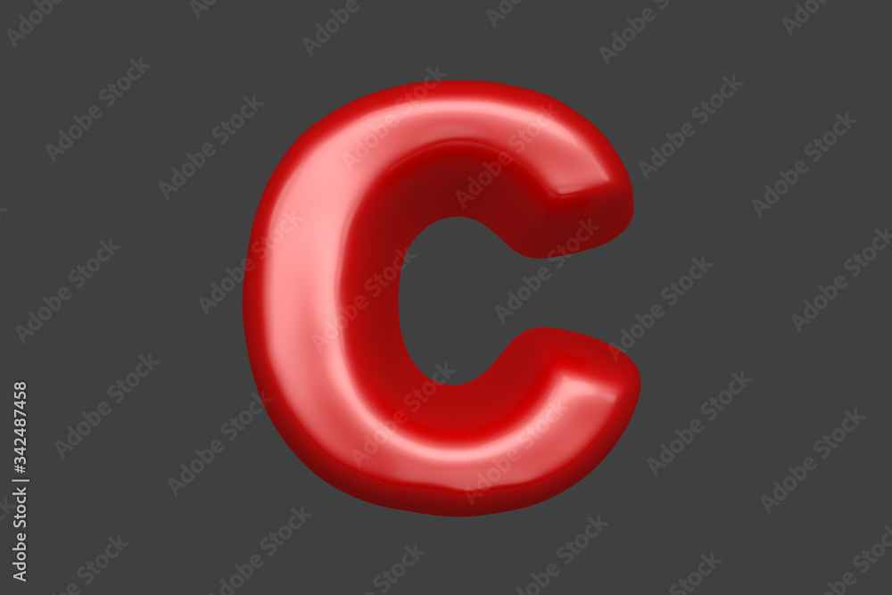 Red soft plastic alphabet - letter C isolated on grey background, 3D illustration of symbols Red soft plastic alphabet - letter C isolated on grey background, 3D illustration of symbols