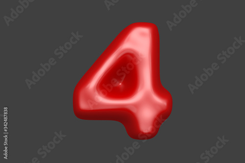 Red soft plastic alphabet - number 4 isolated on grey background, 3D illustration of symbols