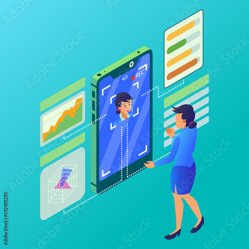Isometric Vector Illustration Representing a Woman is Doing a Personality Analysis with Face Detector on a Smartphone