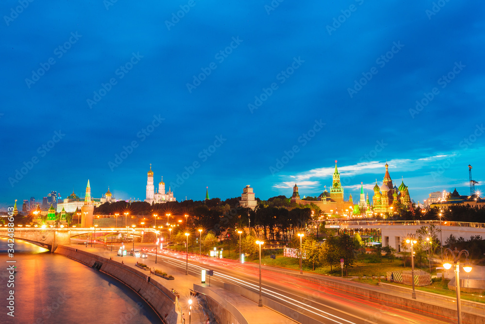 Panoramic view of Moscow landmark during sunset from Zaryadye Park