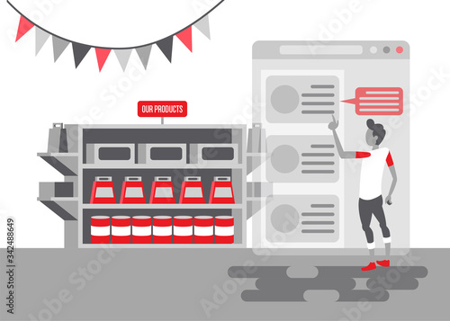 Flat Vector Illustration Representing a Man is At a Shop to Choose Items to Buy on a Large Computer Screen